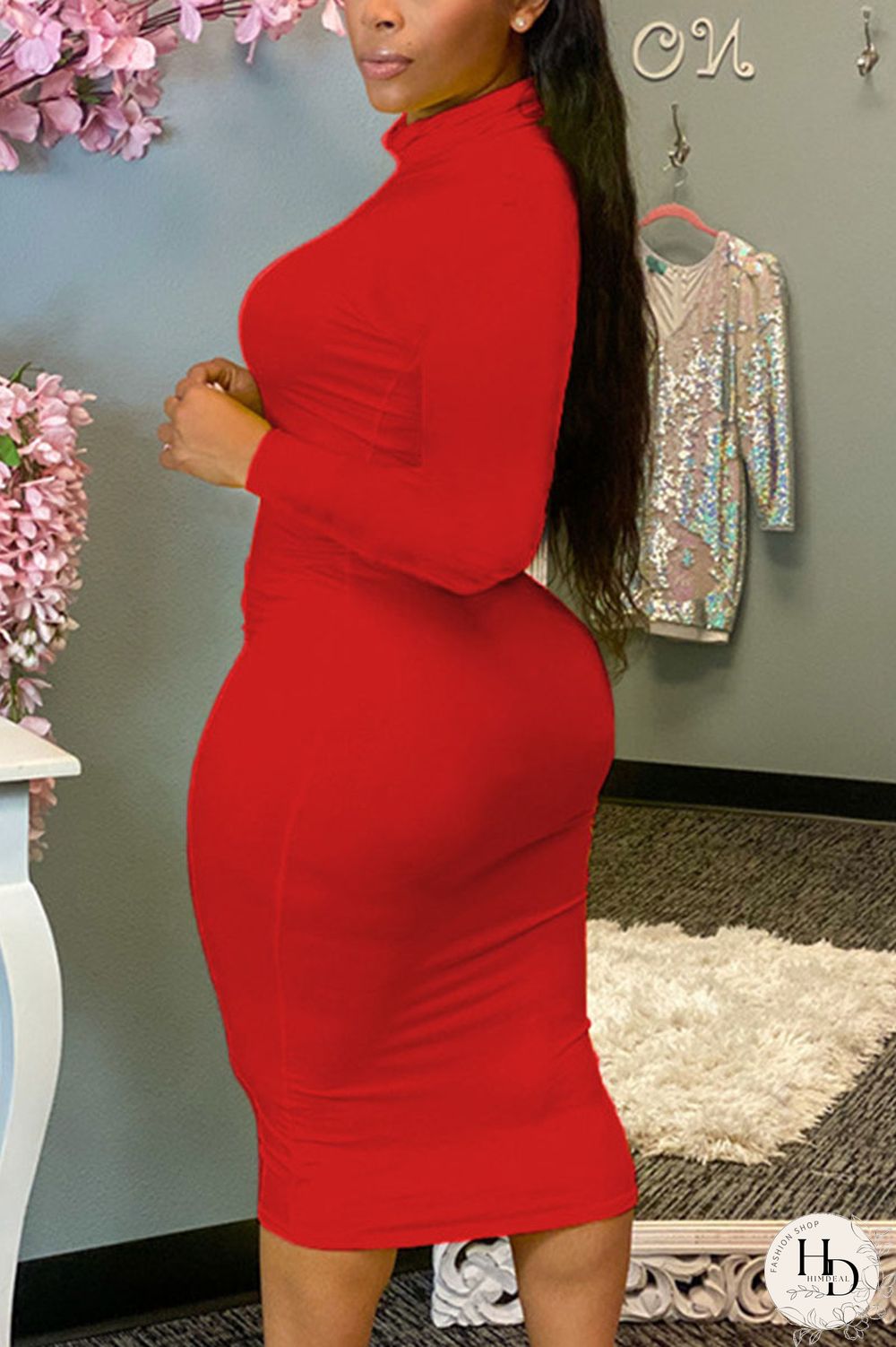 Red Sexy Solid Patchwork O Neck Pencil Skirt Dresses