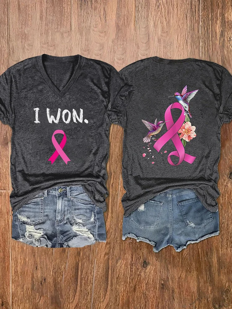 Women's Fight Breast Cancer Print Crew Neck T-Shirt socialshop