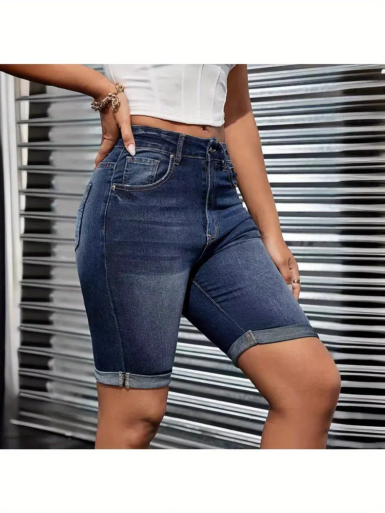 2025 New High Waist Stretch Washed Straight Leg Denim Shorts Women Wholesale Direct From Factory
