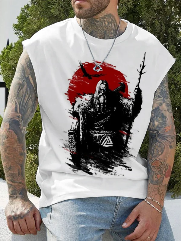 Men's Viking Warrior Under The Red Sun Art Print Retro Tank Top