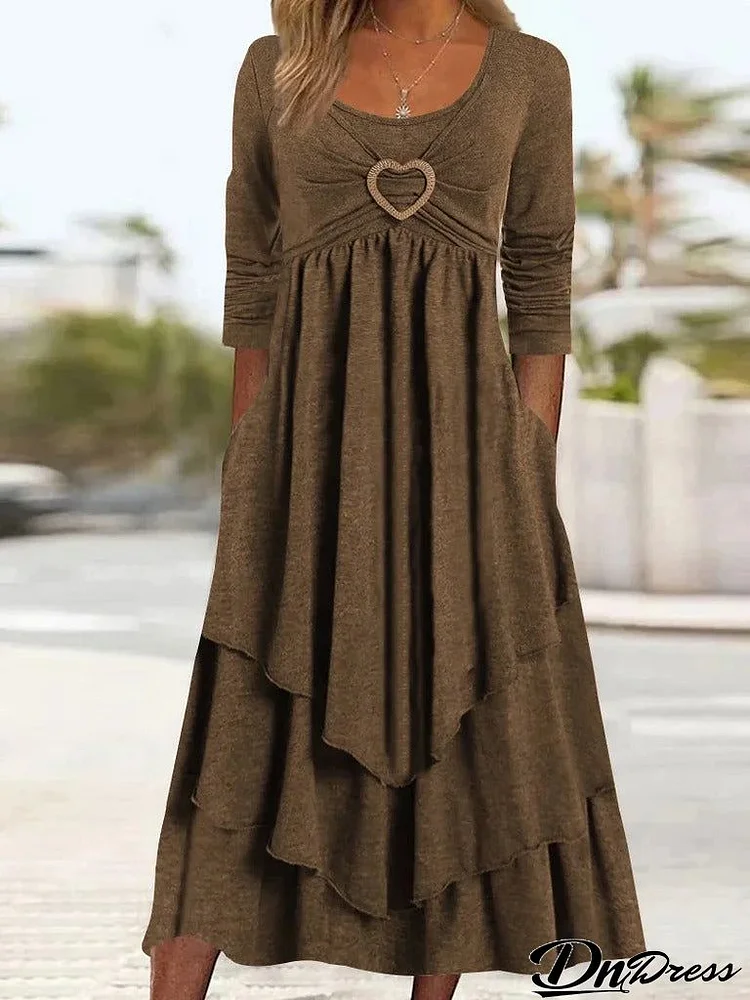 Plain Regular Fit Crew Neck Long Sleeve Casual Midi Dress