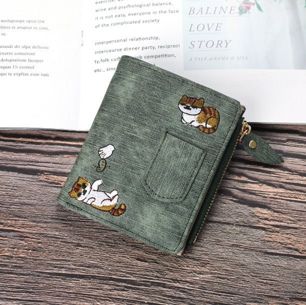 Jeans Style Women Short Wallets Cat Embroidered Canvas Clutch Large Capacity Buckle Fashion Coin Purse Coach Women Handbags