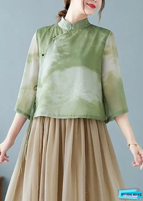 Women Green Stand Collar Tie Dye Silk Blouses Summer
