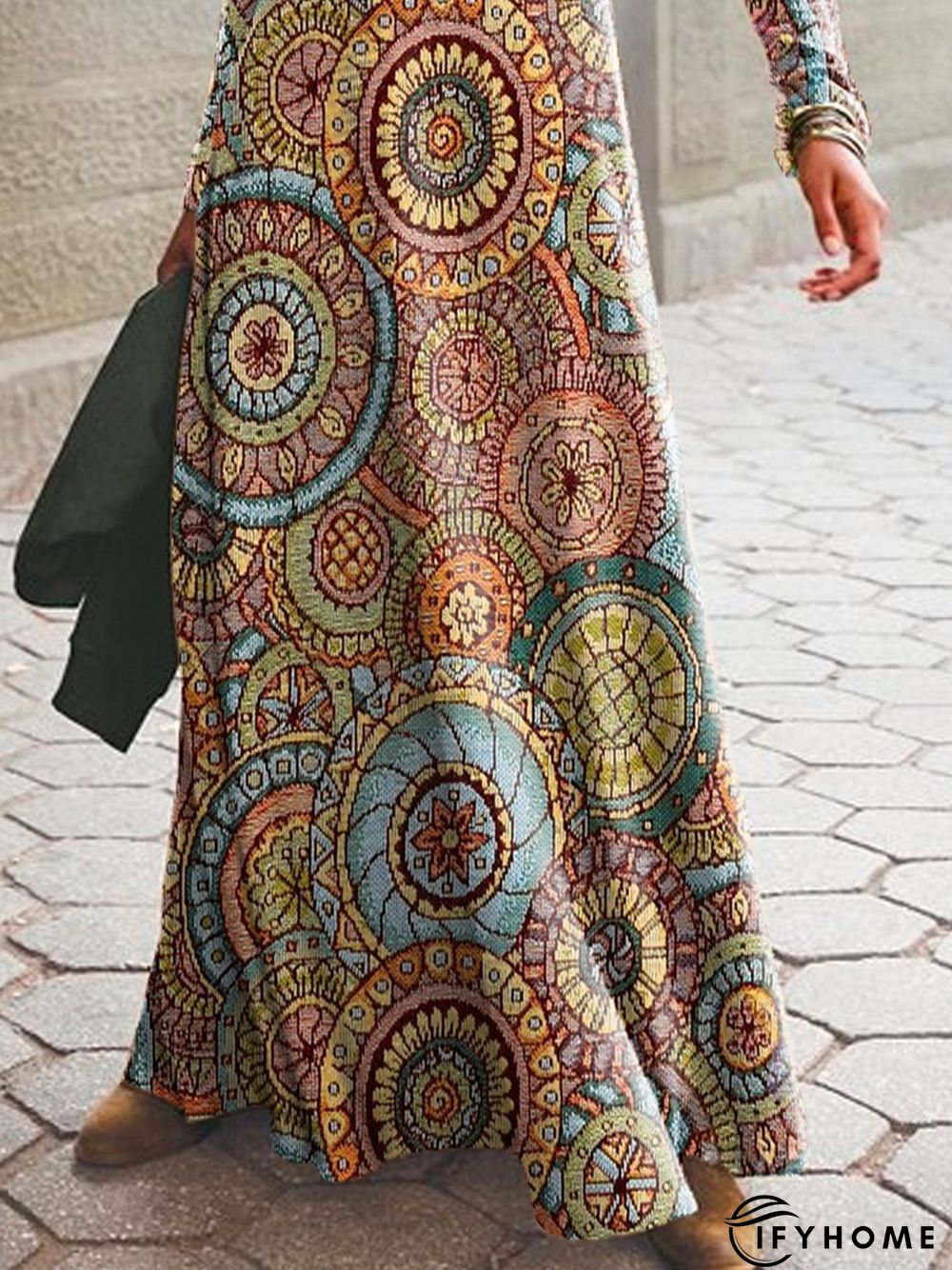 Ethnic Printed Long Sleeve Crew Neck Casual Dress | IFYHOME