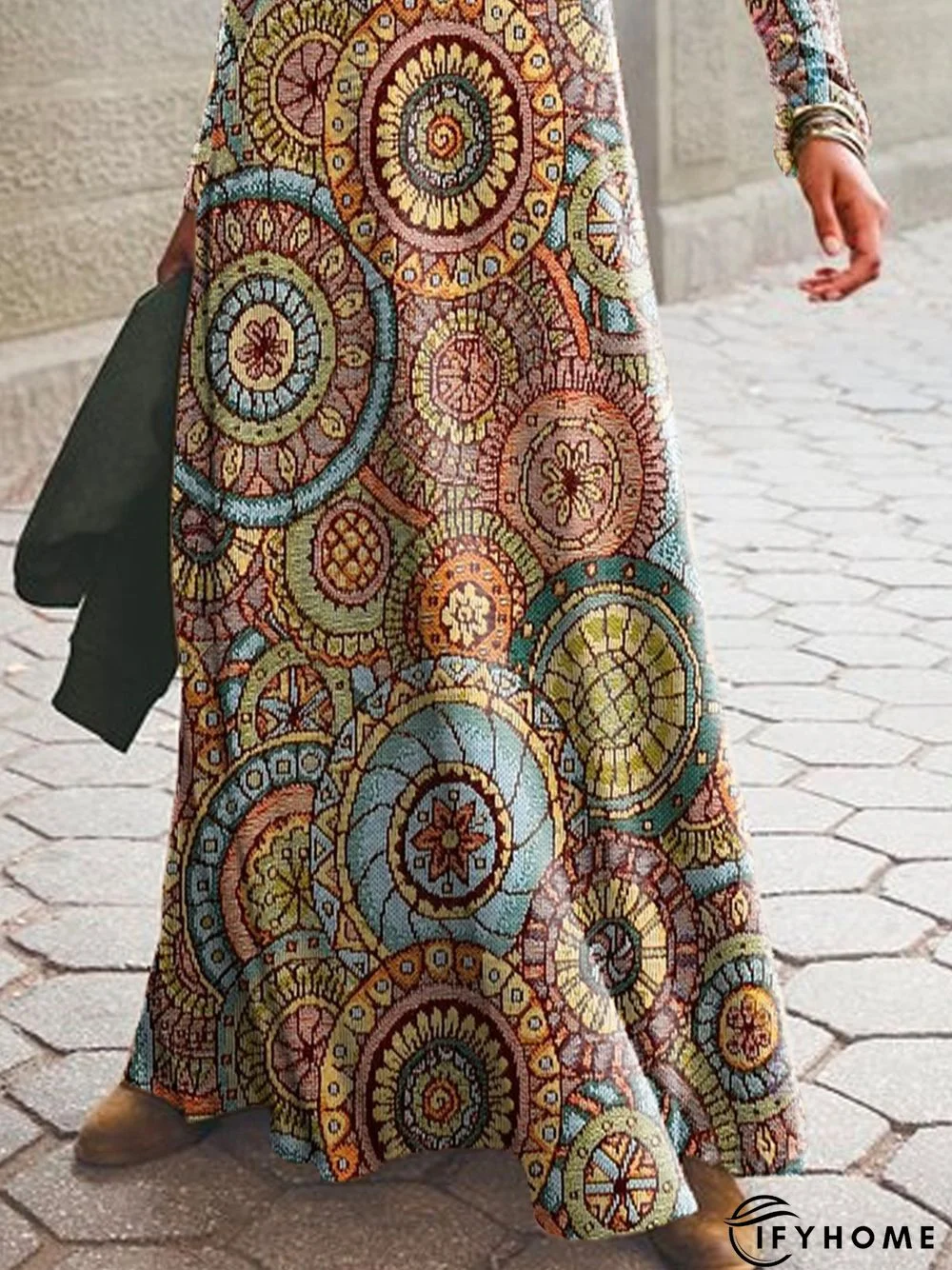 Ethnic Printed Long Sleeve Crew Neck Casual Dress | IFYHOME