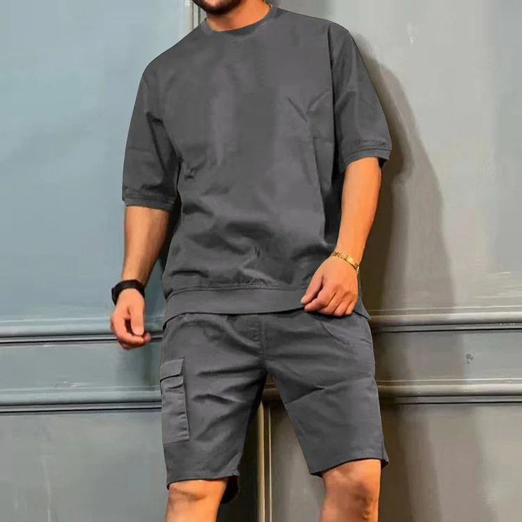 BrosWear Solid Color Crew Neck Tool Pocket T-Shirt And Pants Co-Ord