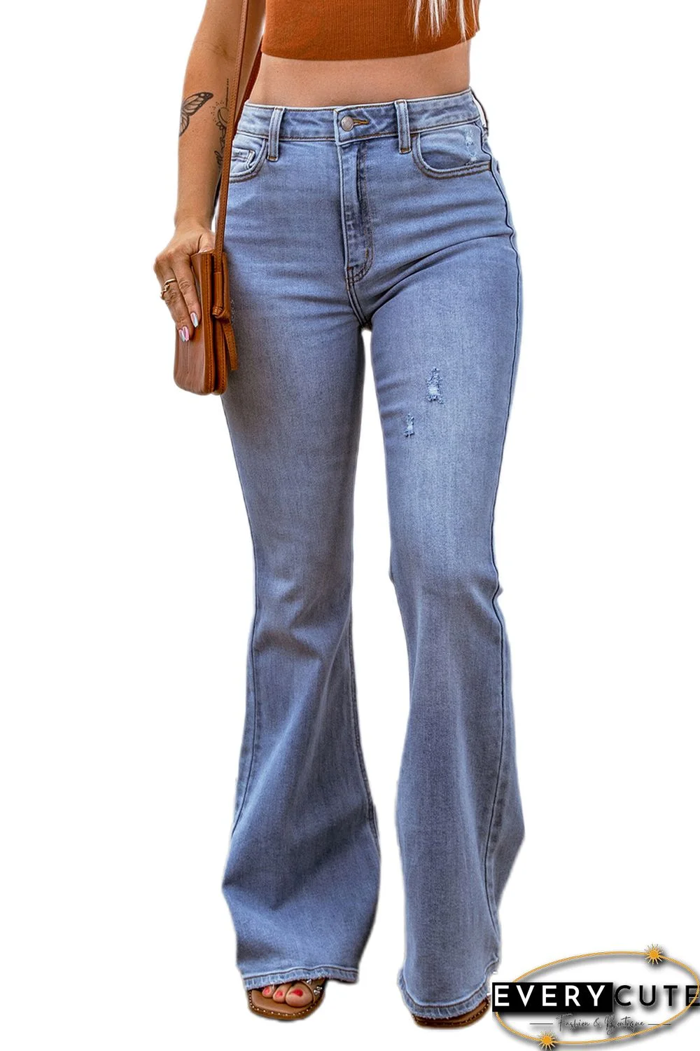 Sky Blue Distressed High Waist Flare Jeans