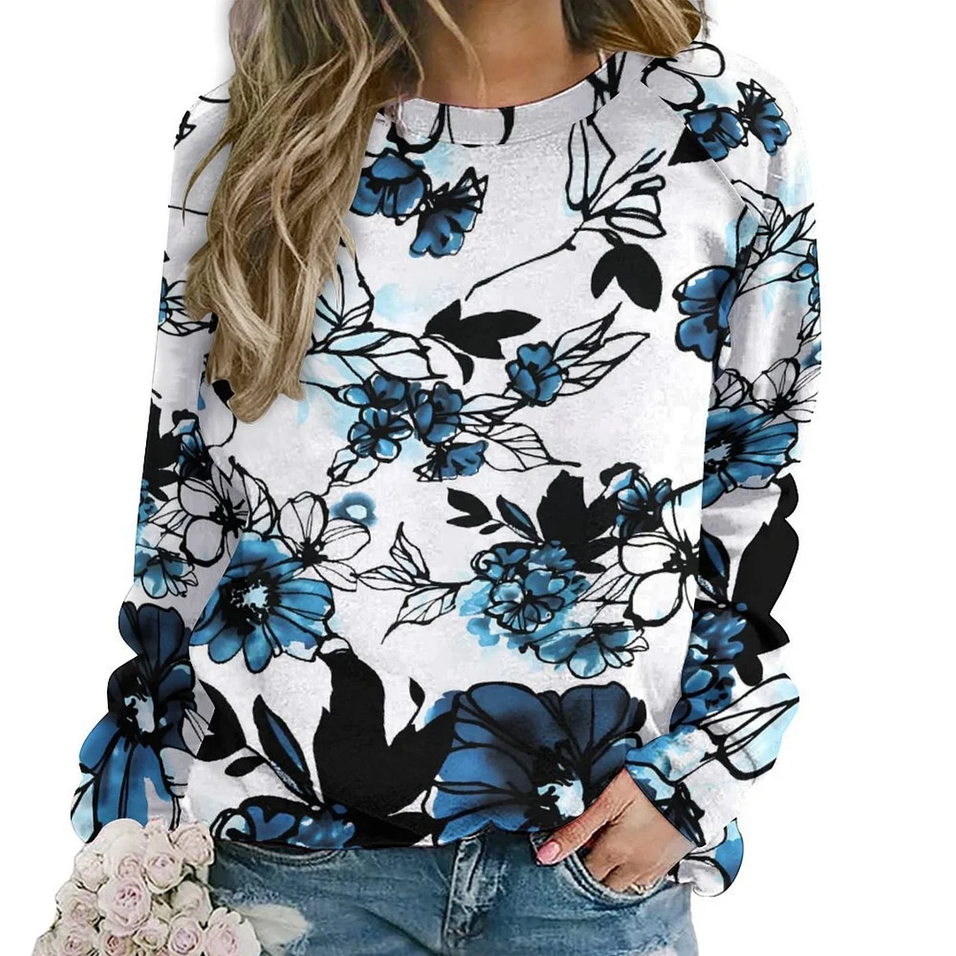 Printed Long Sleeve Casual Sweatshirt for  Women and Men Unisex Pattern Floral, Blue