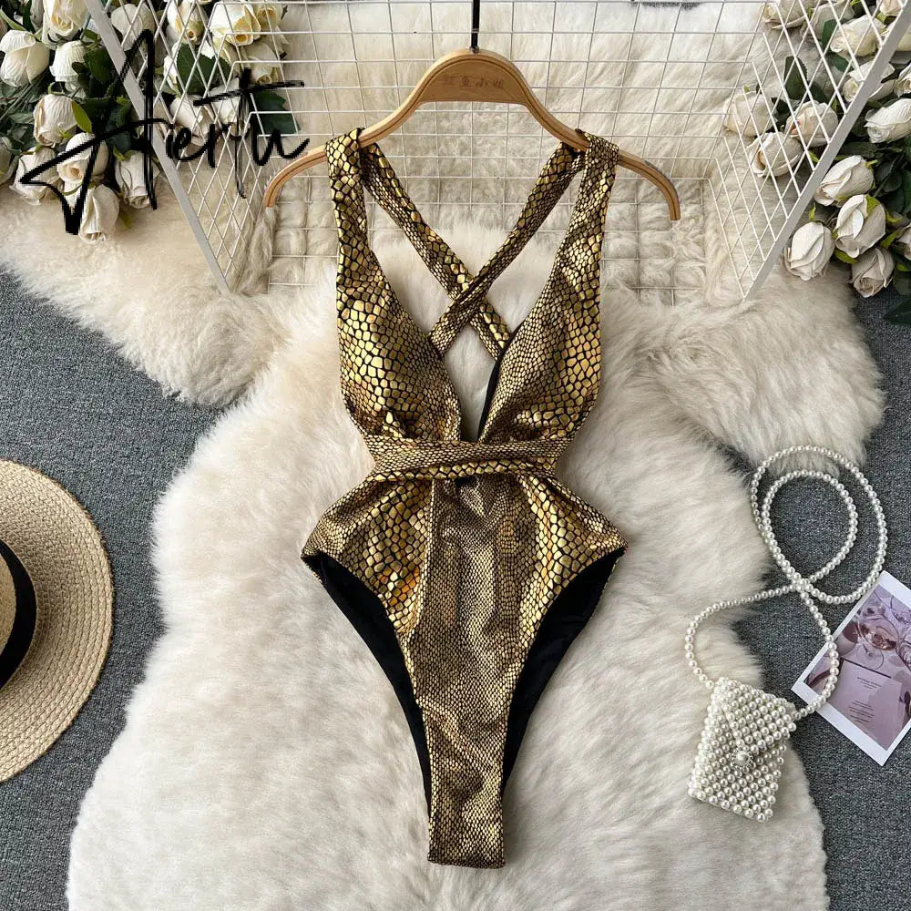 Aiertu  Fashion Serpentine Print Sexy Bodysuits Hollow Out Cross Short Playsuit Streetwear Vacation Beach Backless Slim Romper Aiertu