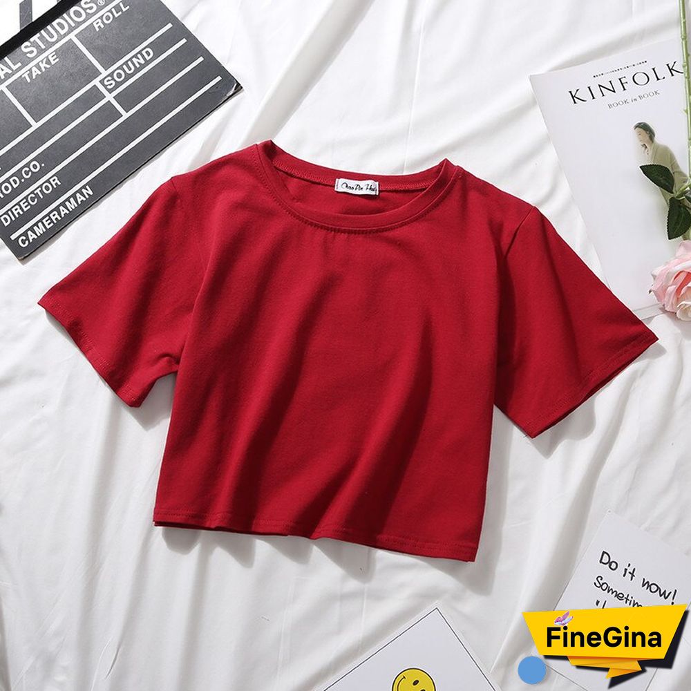 Summer Short Sleeve T Shirts Women Cotton Solid T-shirt O Neck High Waist Crop Top Tee Female Casual Loose T Shirt