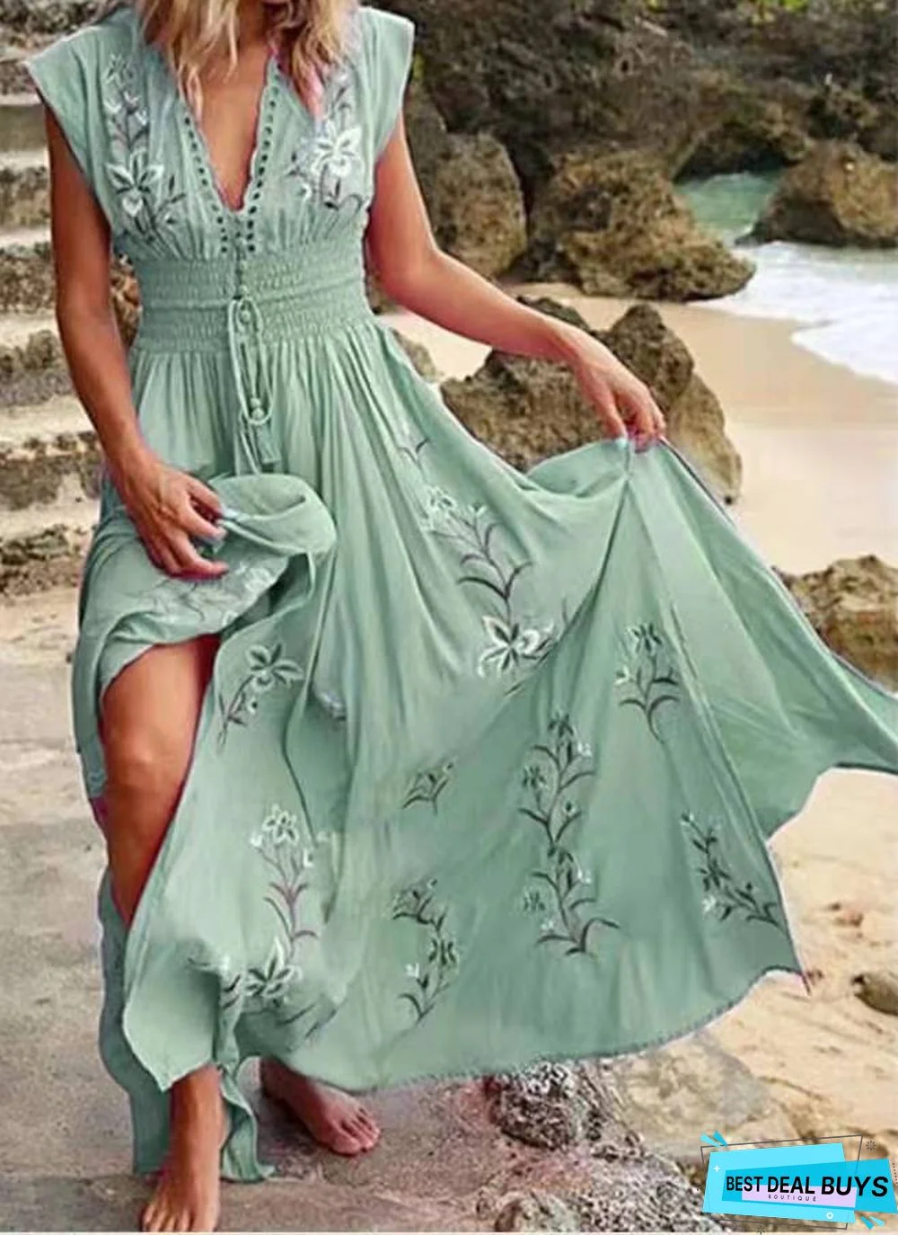 Women's V-Neck French Beach Bohemian Print Dress