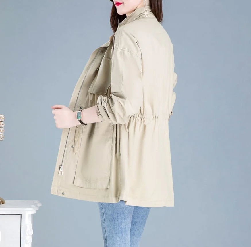 Autumn Women's Trench Coat 2021 New Solid Pocket Drawstring Mid Long Overcoat Loose Plus Size 4XL Female Windbreakers Basic Coat
