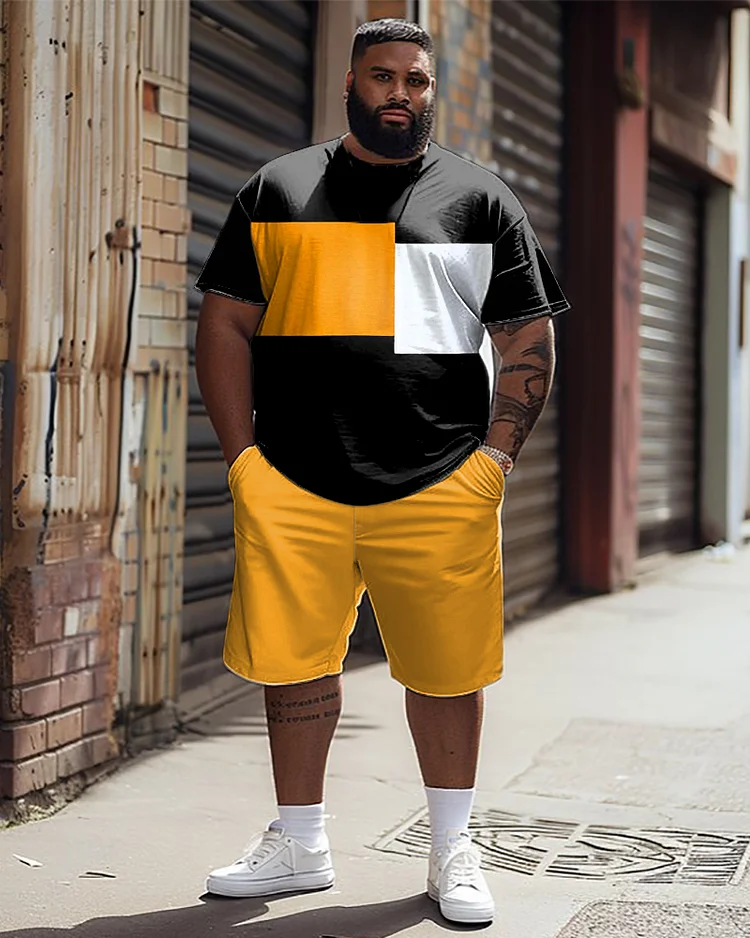 Men's Plus Size Simple Color-block Printed T-shirt Shorts Suit