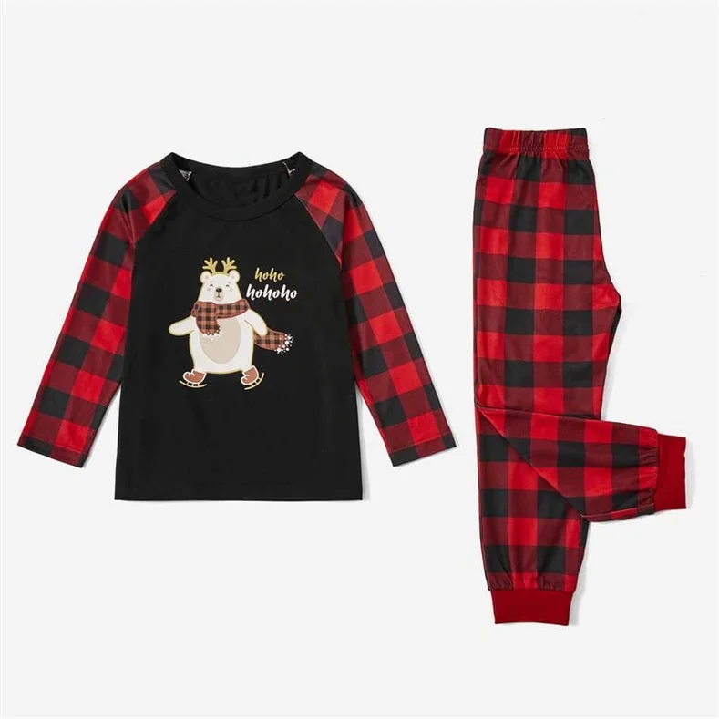 Family Matching Cute Bear Print Christmas Buffalo Plaid Pajamas Sets (with Pet Dog Clothes)