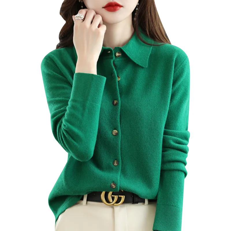 Churchf Churchf And Autumn POLO Collar Knit Shirt With Loose Long-Sleeved Sweater Non-Cashmere Cardigan Temperament Lapel Coat