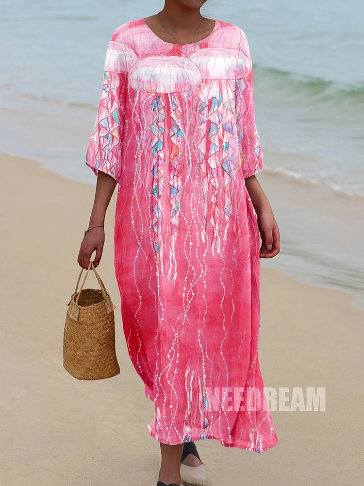 Womens Underwater World Art Jellyfish Pattern Pocket Cotton Dress