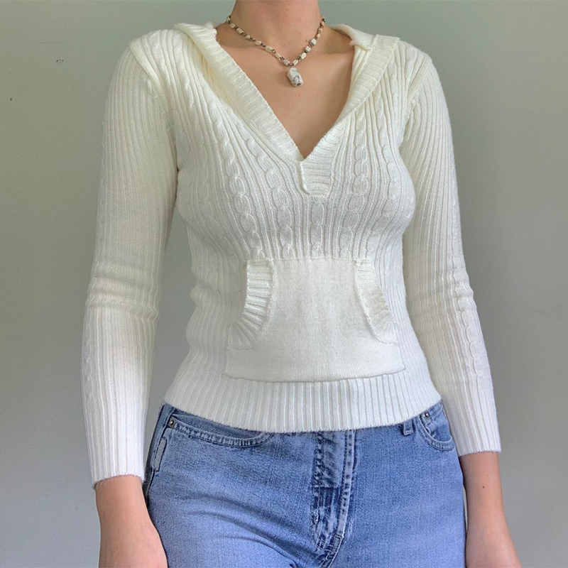 Rapcopter Solid y2k Sweaters Hooded Pockets Jumpers Vintage Long Sleeve Prepply Casual Basic Knitwear Harajuku Retro Women Cloth