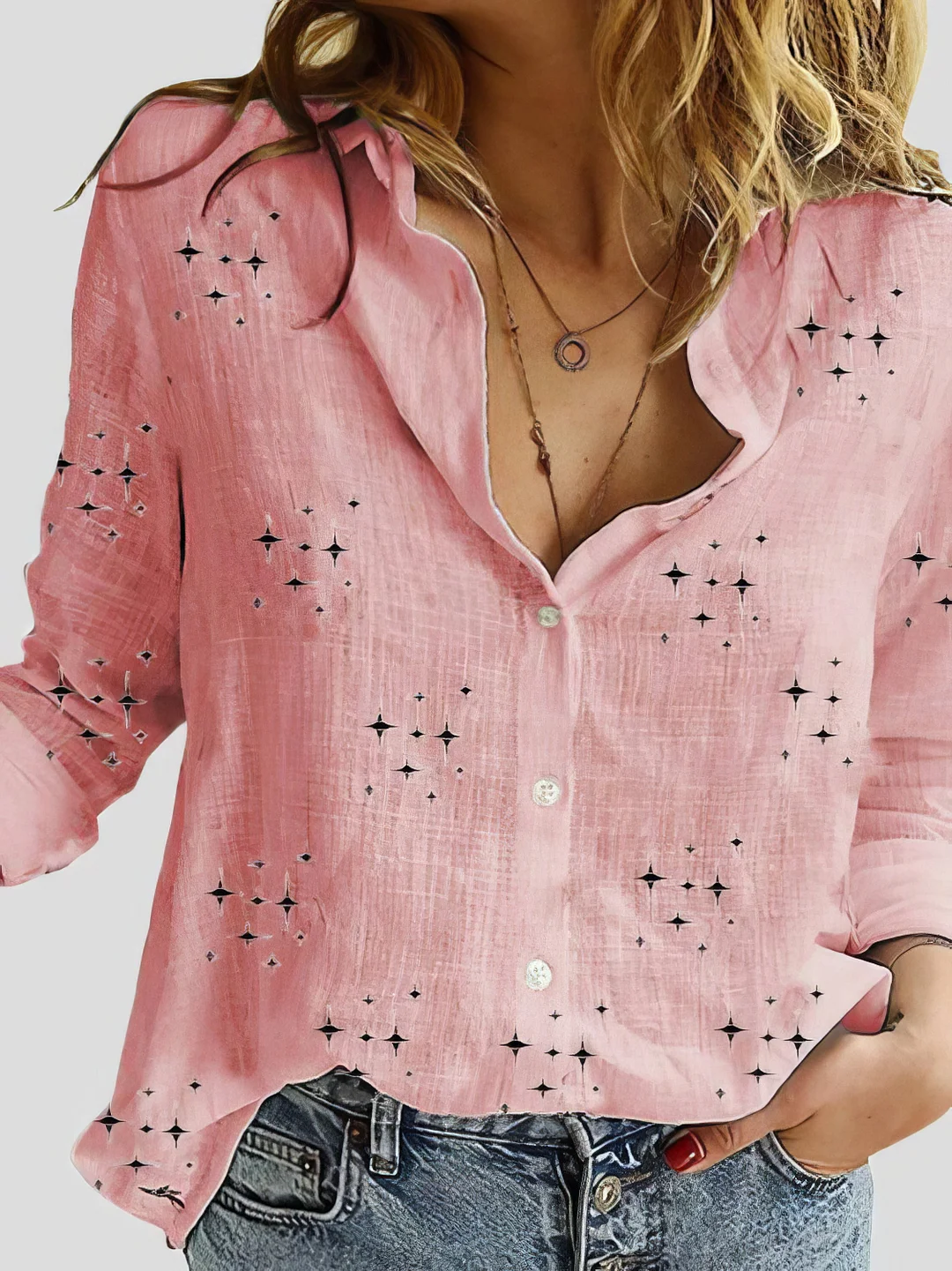 Women's Star Print Button Long Sleeve Blouses