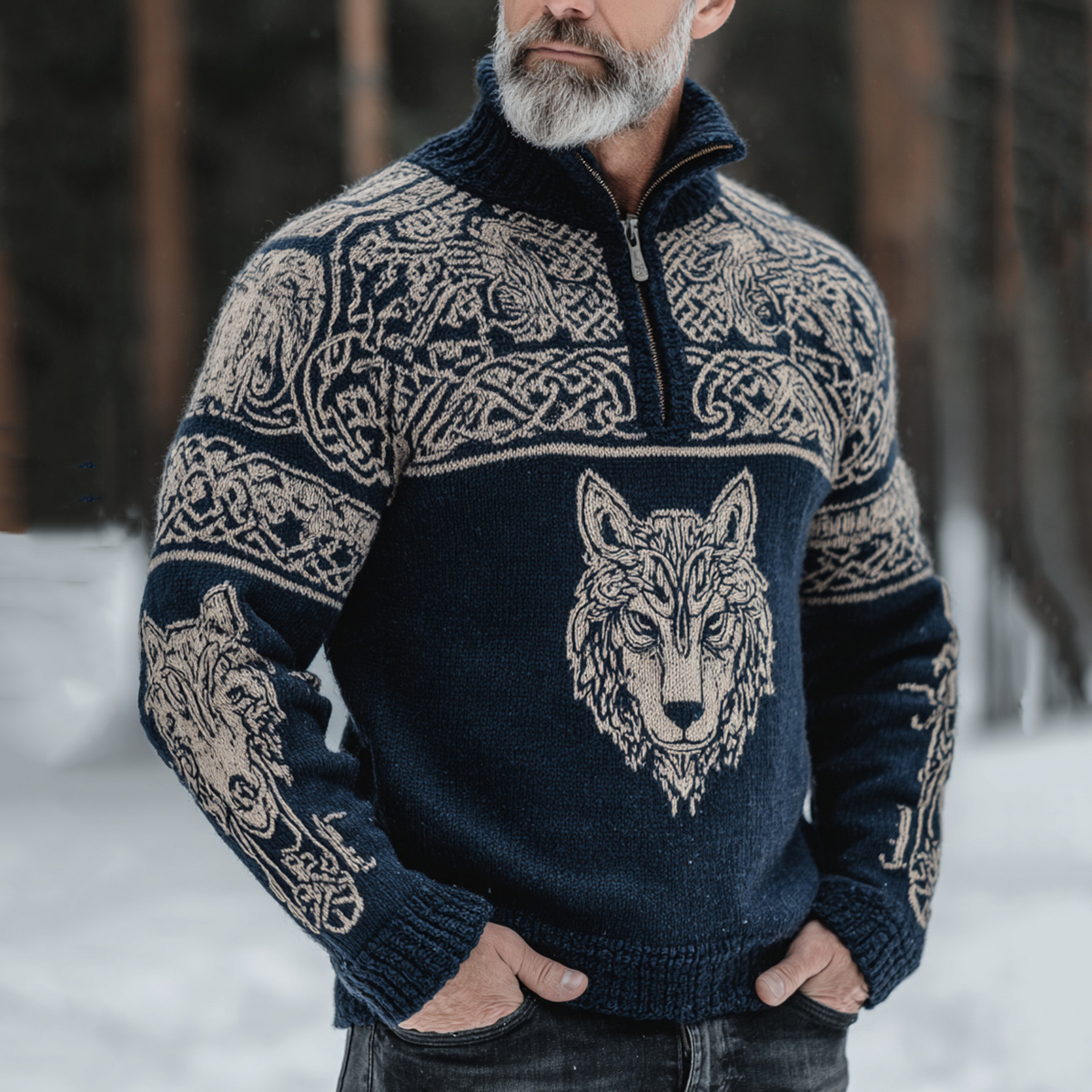 Men's Viking Wolf Celtic Knot Pattern Knit Half Zipped Sweater elevenforest