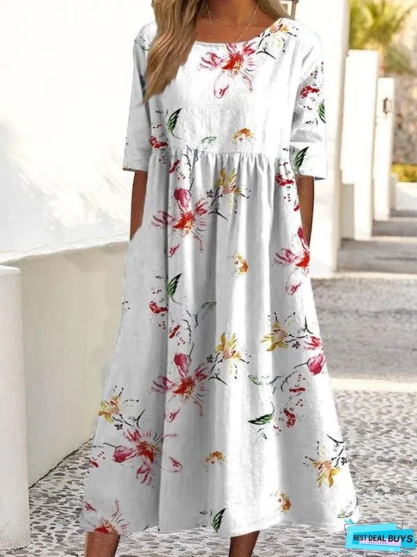 Casual Round Neck Pocket Print Short Sleeve Dress