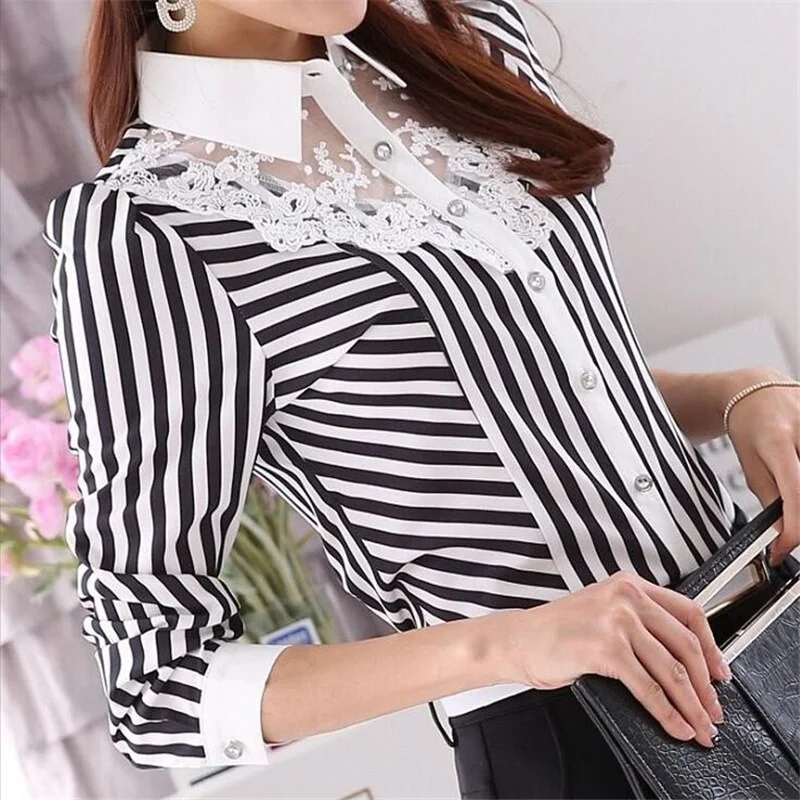 Mesh Chiffon Shirts Women's Striped Tops lapel Slim Feminine Buttons Professional Wear Summer temperament Offce Lady Blouses Me