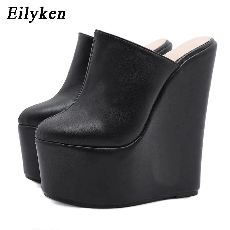 Eilyken Platform Wedge Round head Pumps Slippers Black Summer Shoes Woman Sexy Super High Sandal Slippers Black 35-42