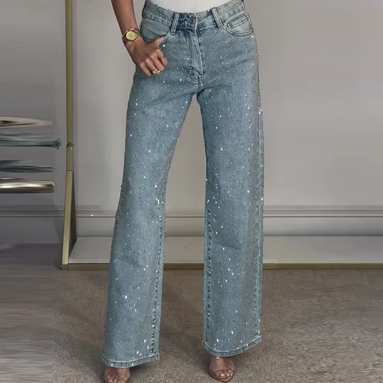 Limited-time offer-Rhinestone-Embellished Straight-Leg Jeans socialshop
