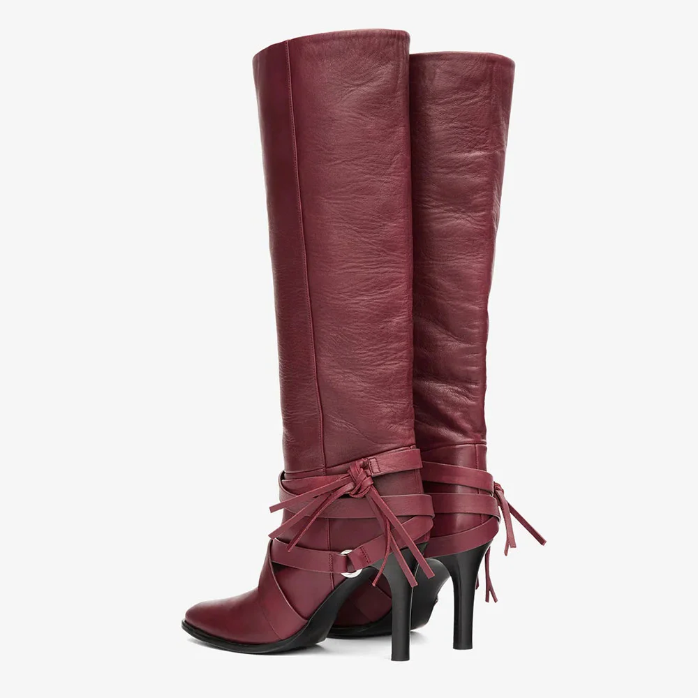 Vegan Leather Pointed Toe Cross Strap Knee High Heel Boots in Maroon