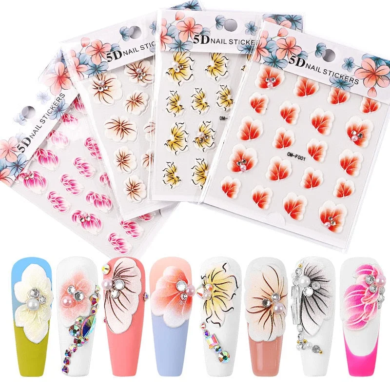 Nail Stickers Embossed 5D Flowers With Pearls Rhinestones Back Glue Nail Decals Decoration Tips For Beauty Salons-Nail Inspo