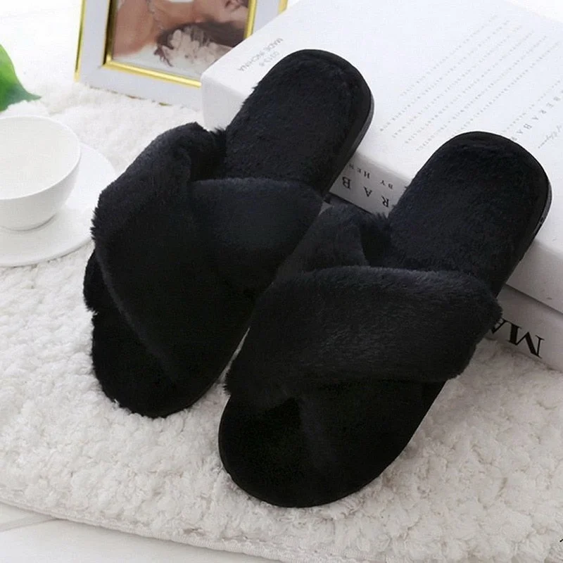 Warm Fluffy Slippers Women Faux Fur Slipper Female Indoor Floor Slides Flat Soft Furry House Shoes Letteer Flip Flops Ladies