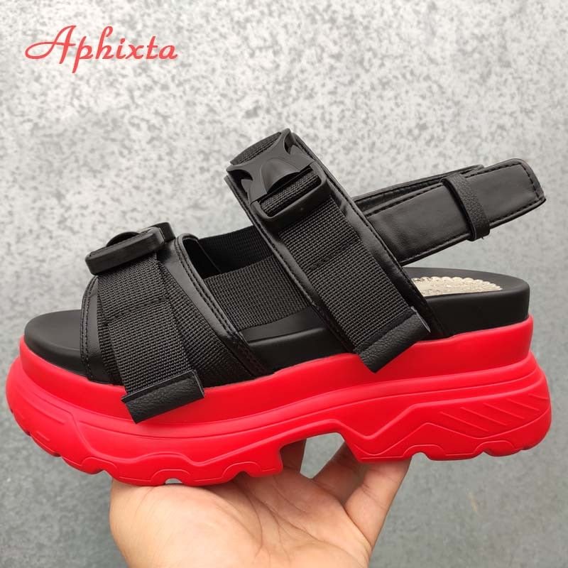 Aphixta Platform Sandals Women Shoes Red Thick Soled Wedge Heels Shoe Leather Women Buckle Beach Slides Sandals Woman Shoes