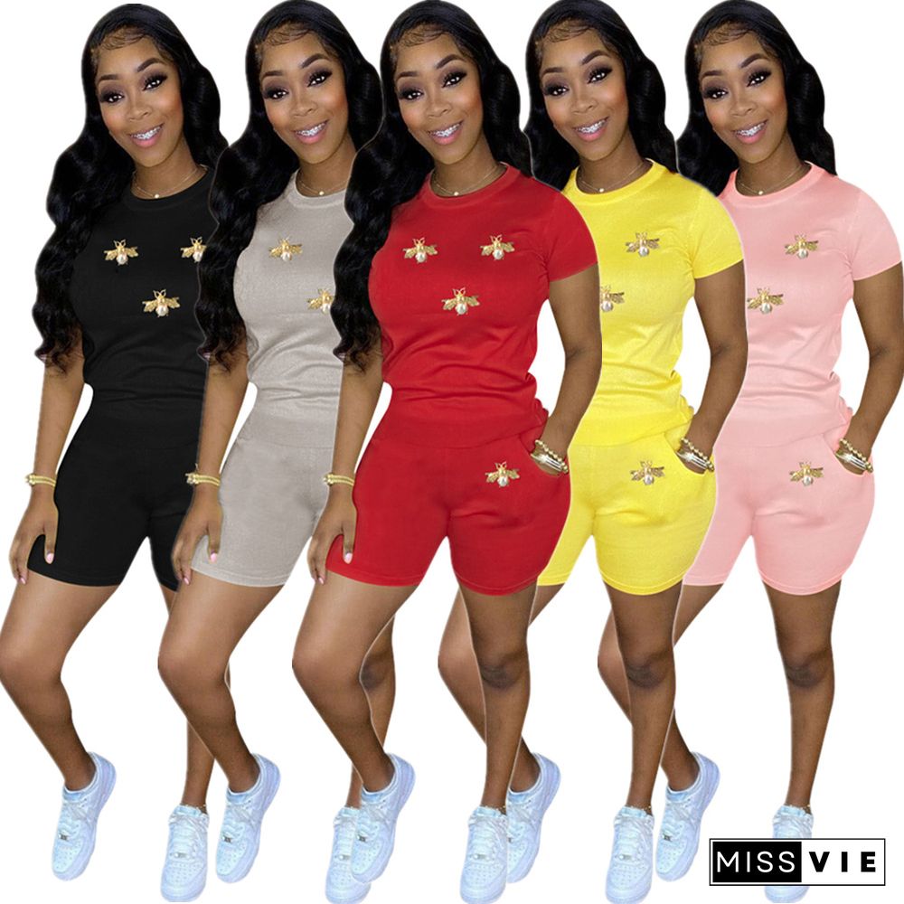 Summer Fashion New Bees Decorative Solid Color Short Sleeve T Shirt Pocket Shorts 2 Piece Set