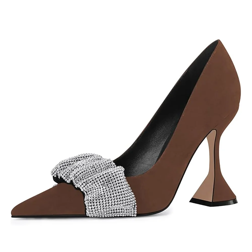 Brown Faux Suede Sophisticated Pointed Rhinestone Flared Heel Pumps