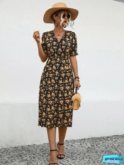 Slit Printed V-Neck Short Sleeve Dress