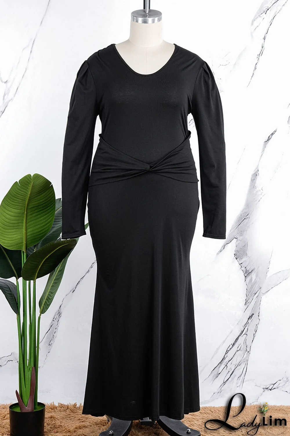 Orange Casual Solid Patchwork V Neck Long Sleeve Plus Size Dresses