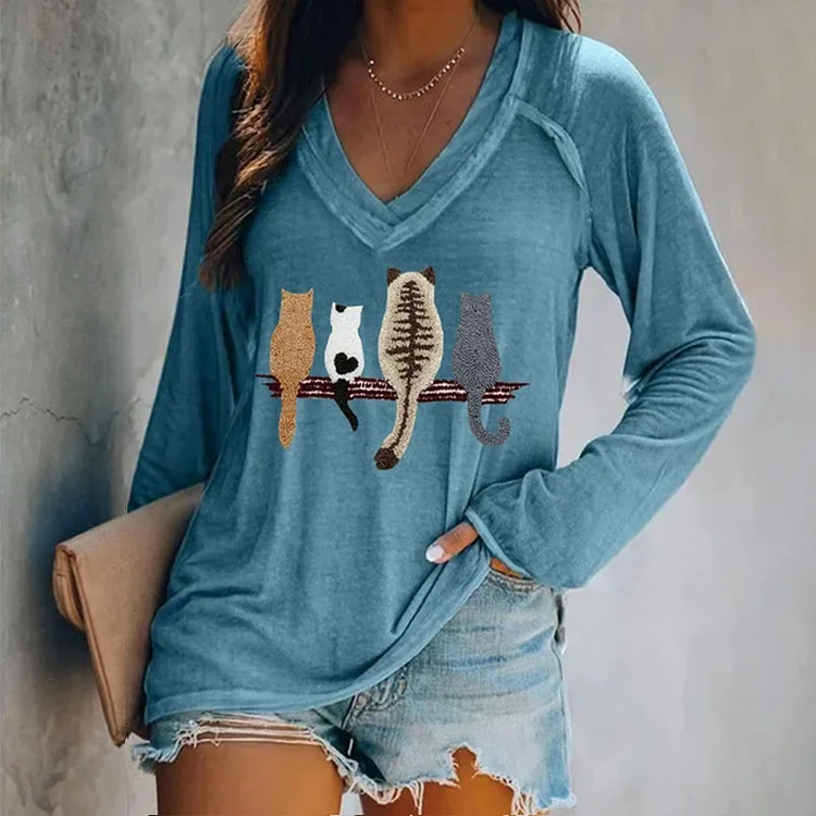 Simpfit Damen-T-Shirt mit Katzenrückenmuster und V-Ausschnitt