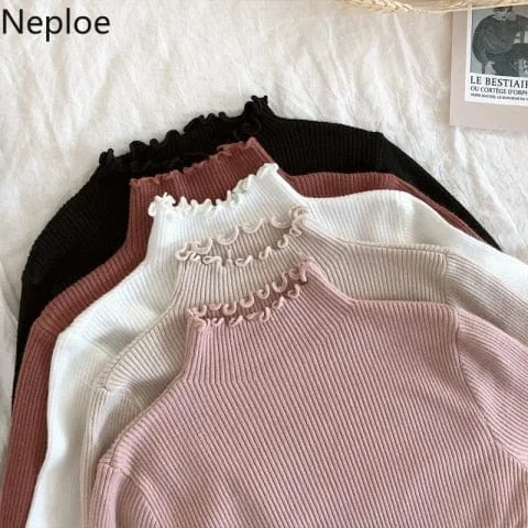 pornhint Pornhint Neploe 2023 Fall Winter Ruffles Sweater Turtleneck Ruched Women Sweaters High Elastic Solid Female Slim Sexy Knitted Pullovers