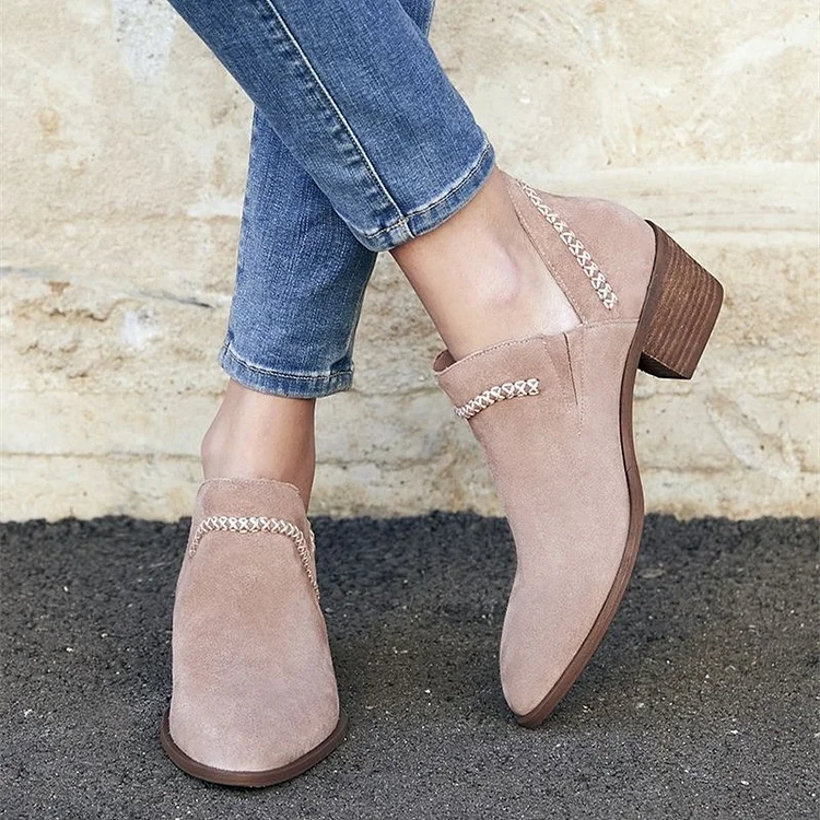 Pink Vegan Suede Booties Cut Out Block Heel Western Boots for Women |FSJ Shoes