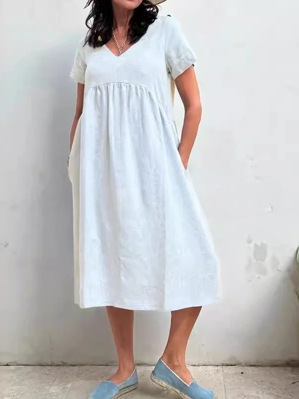 Women's Summer Solid Color Cotton Short Sleeve Pocket Cotton and Linen Dress socialshop