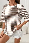 Women's Casual Brown Stripe Textured Knit Split Hem Half Sleeve Loose Top
