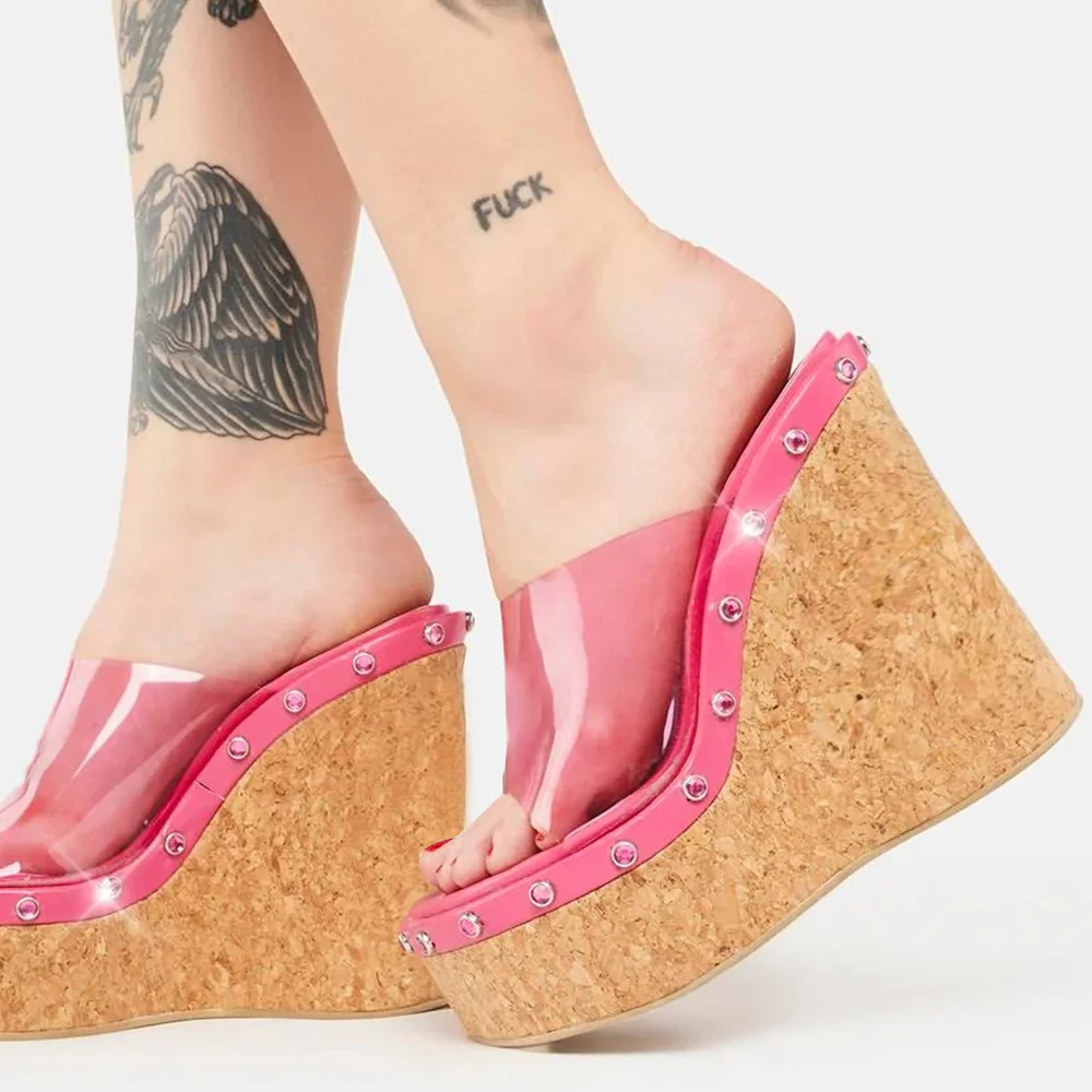 Summer Transparent Platform Wedge Sandals Y2K PVC Pink Chunky Heel Nicepairs