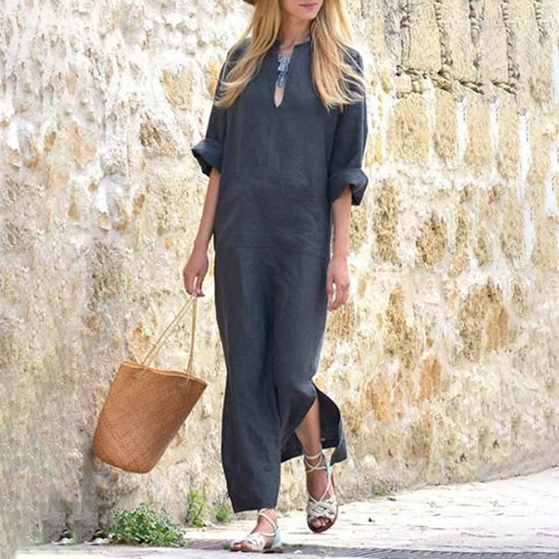 Comstylish Vintage V Neck Pocket Linen Cotton Comfy Maxi Dress