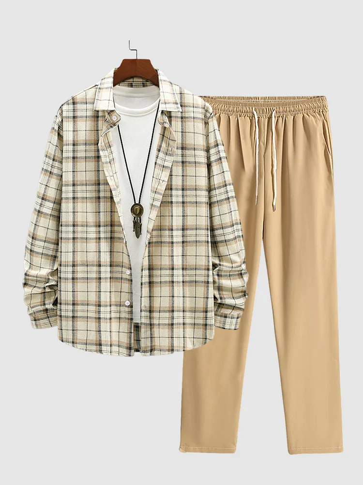 Men's Wool Blend Plaid Long Sleeve Shirt Casual Pants Set