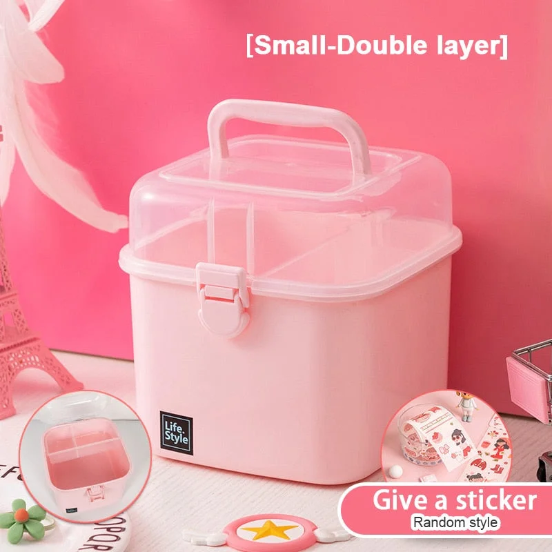 W&G Pink Transparent Plastic Multilayer Children Hair Accessories Box Desktop Cosmetics Jewelry Manicure Three-layer Storage Box