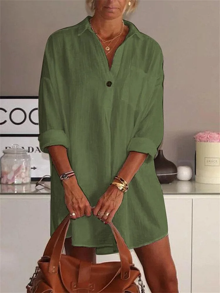 Ladies cotton and linen casual solid color lapel long sleeve V-neck shirt-Mayoulove