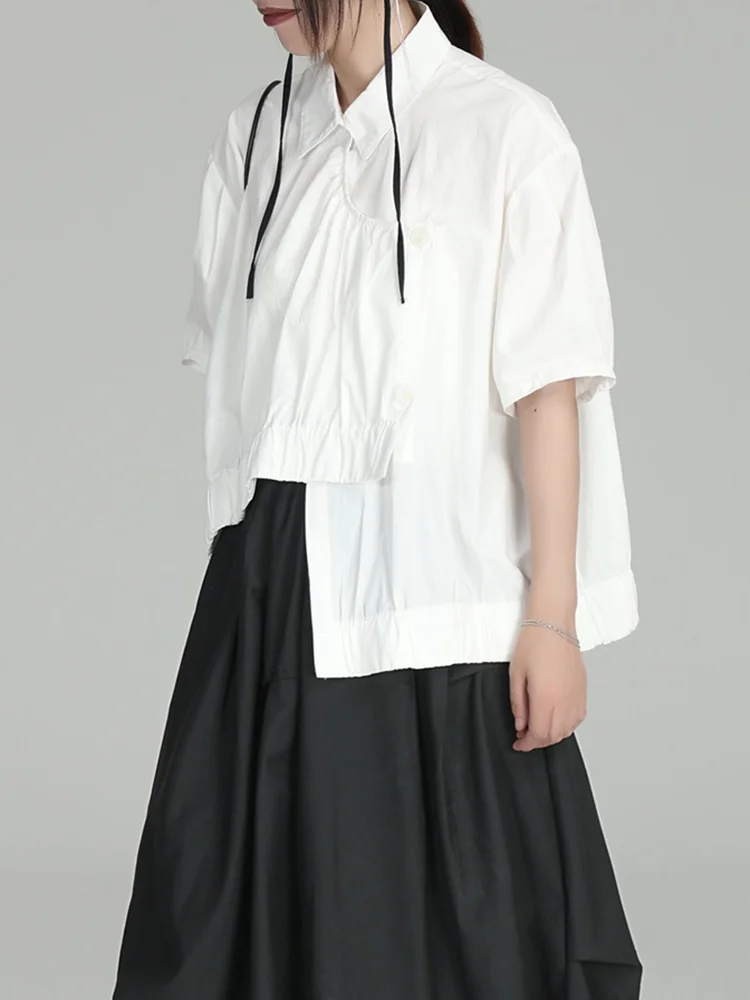 Fashion Solid Color Lapel Folds Patchwork Asymmetrical Hem Half Sleeve Shirt  