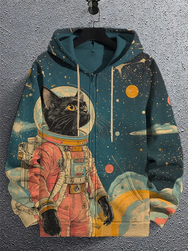 Men's Space Astronaut Cat Art Print Hooded Zip Up Jacket