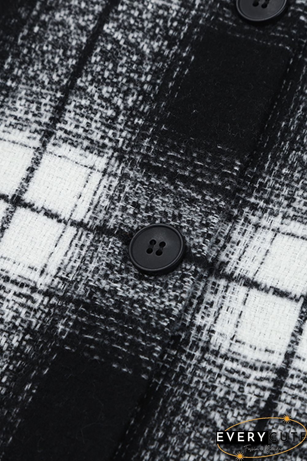 Black Plaid Print Buttoned Pocketed Long Sleeve Long Coat