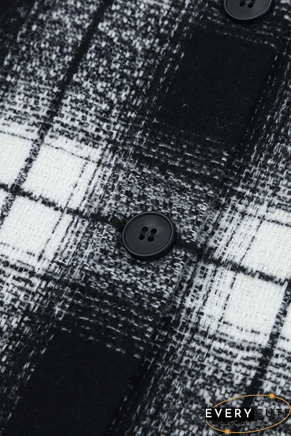 Black Plaid Print Buttoned Pocketed Long Sleeve Long Coat