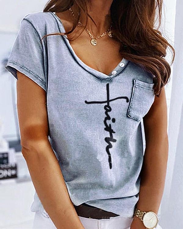 Letter Pattern Print Pocket Design Buttoned Casual T-shirt - Chicaggo